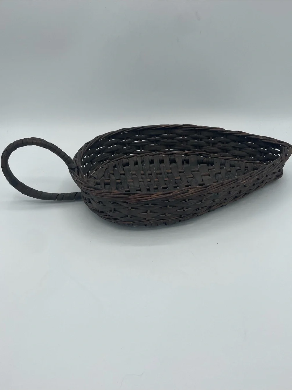 Vintage Handwoven Brown Oval Serving Tray Basket with Side Handle Signed Madeira